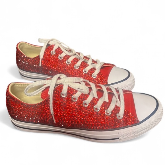 Siam Red Luxe Crystal Red Low Top Converse Sizes 5-14 With Ribbon Laces - Picture 6 of 16